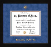 Image of University of Florida Diploma Frame - Flat Matte Black - w/UF Embossed Seal & Name - Royal Blue Suede on Orange mat