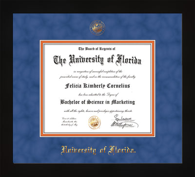 Image of University of Florida Diploma Frame - Flat Matte Black - w/UF Embossed Seal & Name - Royal Blue Suede on Orange mat