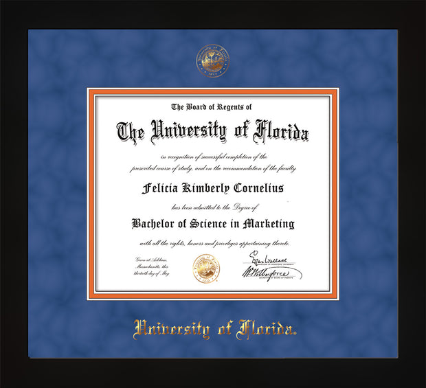 Image of University of Florida Diploma Frame - Flat Matte Black - w/UF Embossed Seal & Name - Royal Blue Suede on Orange mat