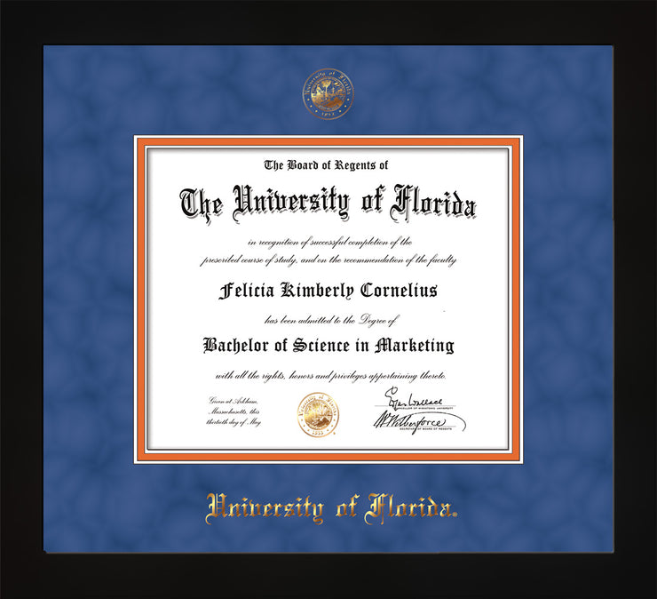 Image of University of Florida Diploma Frame - Flat Matte Black - w/UF Embossed Seal & Name - Royal Blue Suede on Orange mat