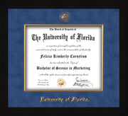 Image of University of Florida Diploma Frame - Flat Matte Black - w/Embossed UF Seal & Name - Fillet - Royal Blue Suede mat