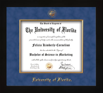 Image of University of Florida Diploma Frame - Flat Matte Black - w/Embossed UF Seal & Name - Fillet - Royal Blue Suede mat