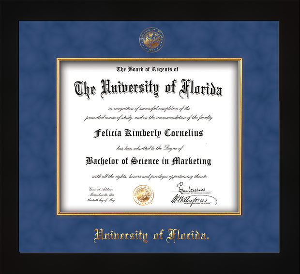 Image of University of Florida Diploma Frame - Flat Matte Black - w/Embossed UF Seal & Name - Fillet - Royal Blue Suede mat
