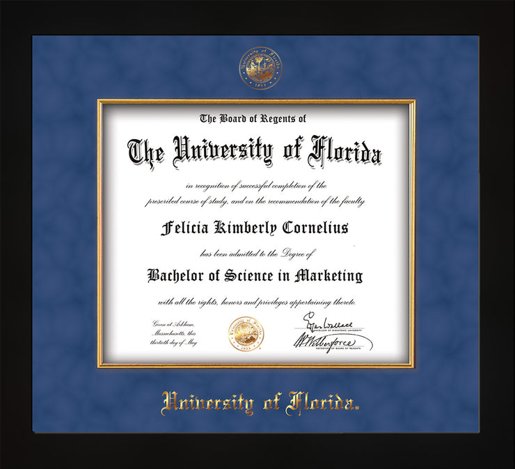 Image of University of Florida Diploma Frame - Flat Matte Black - w/Embossed UF Seal & Name - Fillet - Royal Blue Suede mat