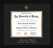 Image of University of Florida Diploma Frame - Flat Matte Black - w/UF Embossed Seal & College of Business Name - Black on Gold mat