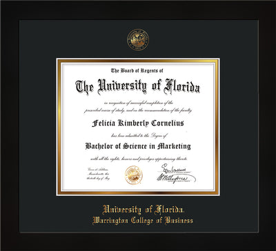 Image of University of Florida Diploma Frame - Flat Matte Black - w/UF Embossed Seal & College of Business Name - Black on Gold mat