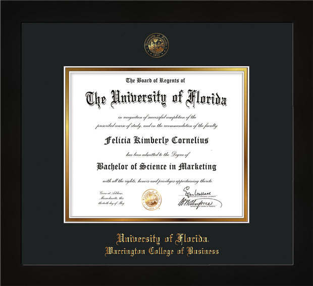 Image of University of Florida Diploma Frame - Flat Matte Black - w/UF Embossed Seal & College of Business Name - Black on Gold mat