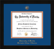 Image of University of Florida Diploma Frame - Flat Matte Black - w/UF Embossed Seal & College of Business Name - Royal Blue on Orange mat