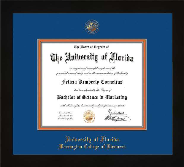 Image of University of Florida Diploma Frame - Flat Matte Black - w/UF Embossed Seal & College of Business Name - Royal Blue on Orange mat