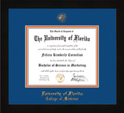 Image of University of Florida Diploma Frame - Flat Matte Black - w/UF Embossed Seal & College of Medicine Name - Royal Blue on Orange mat