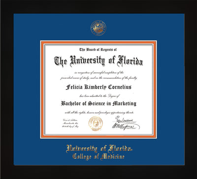 Image of University of Florida Diploma Frame - Flat Matte Black - w/UF Embossed Seal & College of Medicine Name - Royal Blue on Orange mat