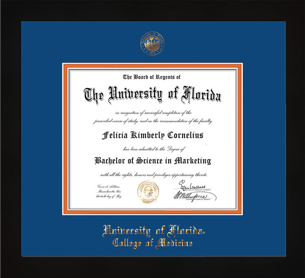 Image of University of Florida Diploma Frame - Flat Matte Black - w/UF Embossed Seal & College of Medicine Name - Royal Blue on Orange mat