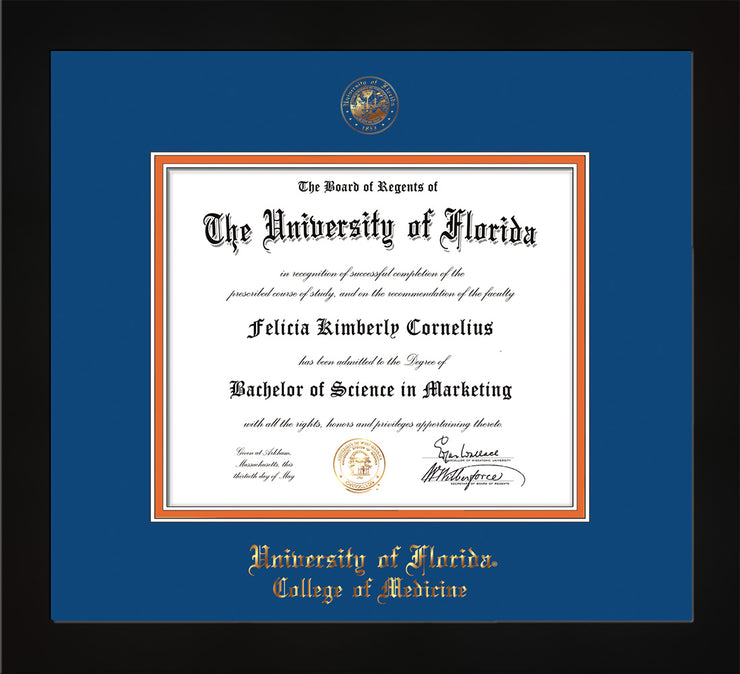 Image of University of Florida Diploma Frame - Flat Matte Black - w/UF Embossed Seal & College of Medicine Name - Royal Blue on Orange mat