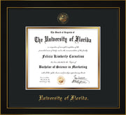 Image of University of Florida Diploma Frame - Honors Black Satin - w/UF Embossed Seal & Name - Black on Gold mat