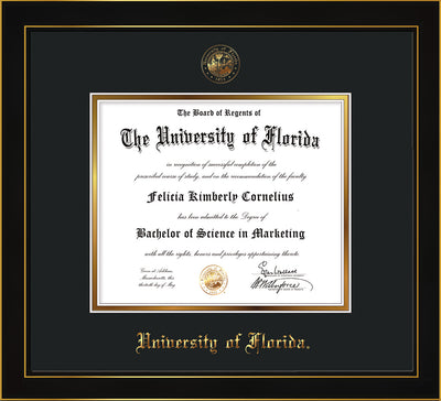 Image of University of Florida Diploma Frame - Honors Black Satin - w/UF Embossed Seal & Name - Black on Gold mat