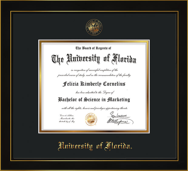 Image of University of Florida Diploma Frame - Honors Black Satin - w/UF Embossed Seal & Name - Black on Gold mat