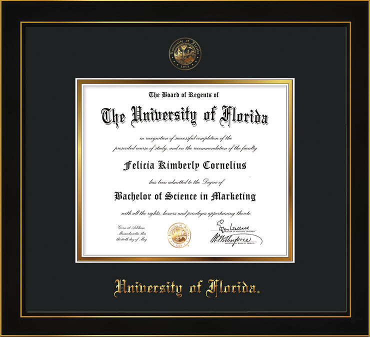 Image of University of Florida Diploma Frame - Honors Black Satin - w/UF Embossed Seal & Name - Black on Gold mat