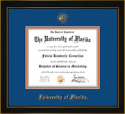 Image of University of Florida Diploma Frame - Honors Black Satin - w/UF Embossed Seal & Name - Royal Blue on Orange mat