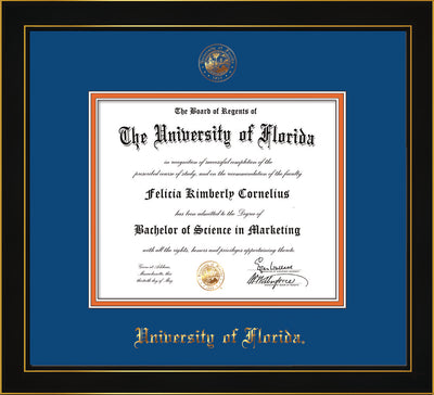Image of University of Florida Diploma Frame - Honors Black Satin - w/UF Embossed Seal & Name - Royal Blue on Orange mat