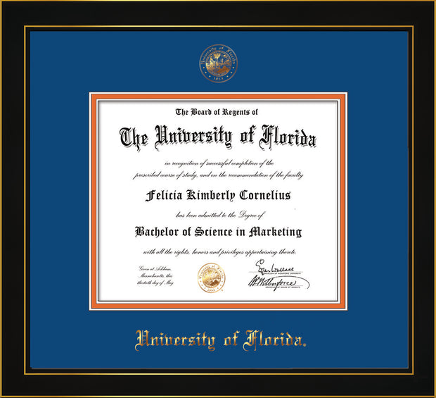 Image of University of Florida Diploma Frame - Honors Black Satin - w/UF Embossed Seal & Name - Royal Blue on Orange mat