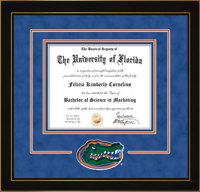 Image of University of Florida Diploma Frame - Honors Black Satin - 3D Laser UF Gator Head Logo Cutout - Royal Blue Suede on Orange on Royal Blue mat