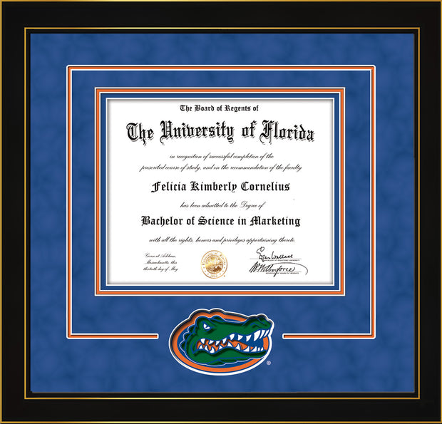 Image of University of Florida Diploma Frame - Honors Black Satin - 3D Laser UF Gator Head Logo Cutout - Royal Blue Suede on Orange on Royal Blue mat