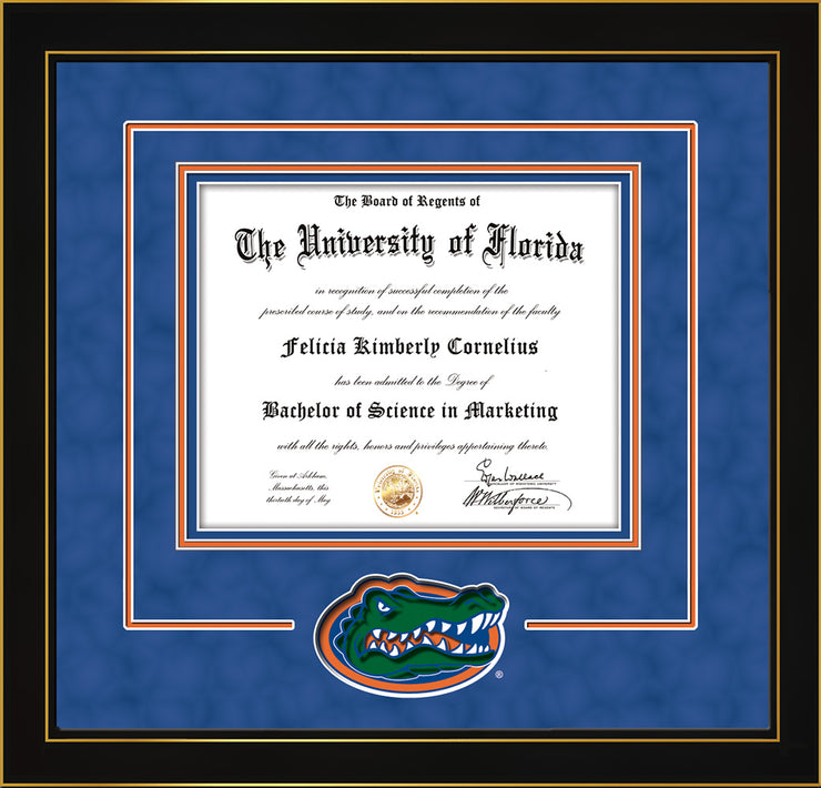 Image of University of Florida Diploma Frame - Honors Black Satin - 3D Laser UF Gator Head Logo Cutout - Royal Blue Suede on Orange on Royal Blue mat