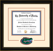 Image of University of Florida Diploma Frame - Honors Black Satin - 3D Laser UF Gator Head Logo Cutout - Cream on Orange on Royal Blue mat