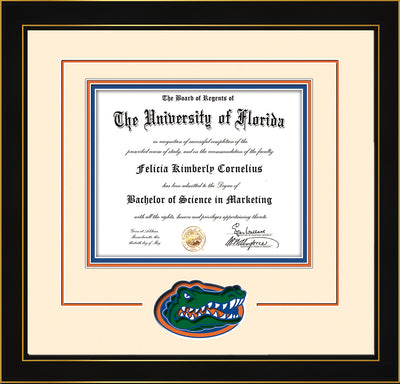 Image of University of Florida Diploma Frame - Honors Black Satin - 3D Laser UF Gator Head Logo Cutout - Cream on Orange on Royal Blue mat