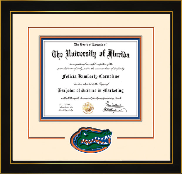 Image of University of Florida Diploma Frame - Honors Black Satin - 3D Laser UF Gator Head Logo Cutout - Cream on Orange on Royal Blue mat