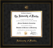 Image of University of Florida Diploma Frame - Honors Black Satin - w/UF Embossed Seal & Name - Black Suede on Gold mat
