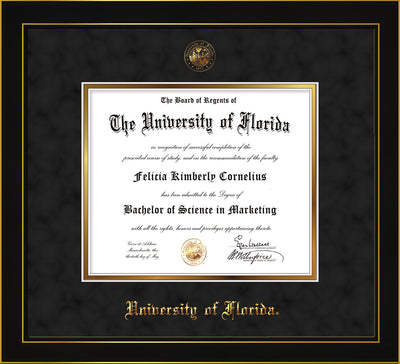 Image of University of Florida Diploma Frame - Honors Black Satin - w/UF Embossed Seal & Name - Black Suede on Gold mat