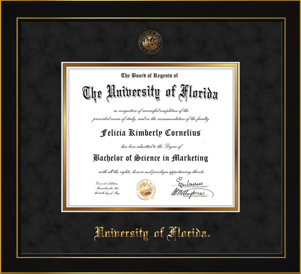 Image of University of Florida Diploma Frame - Honors Black Satin - w/UF Embossed Seal & Name - Black Suede on Gold mat