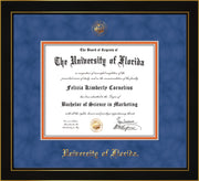 Image of University of Florida Diploma Frame - Honors Black Satin - w/UF Embossed Seal & Name - Royal Blue Suede on Orange mat