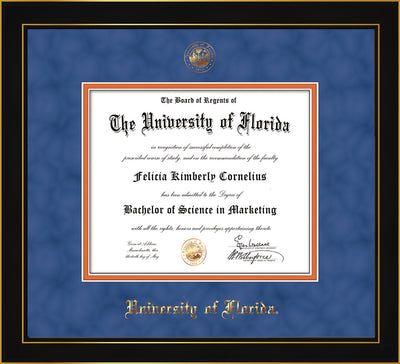 Image of University of Florida Diploma Frame - Honors Black Satin - w/UF Embossed Seal & Name - Royal Blue Suede on Orange mat