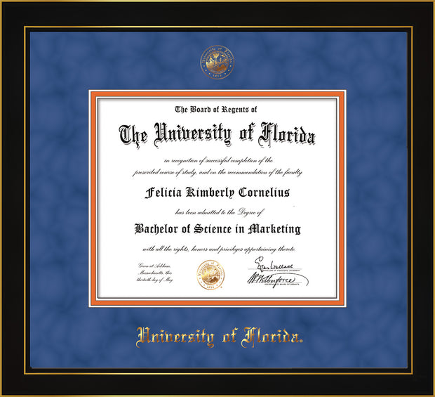 Image of University of Florida Diploma Frame - Honors Black Satin - w/UF Embossed Seal & Name - Royal Blue Suede on Orange mat