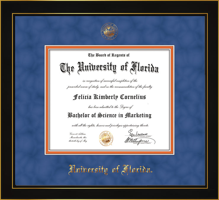 Image of University of Florida Diploma Frame - Honors Black Satin - w/UF Embossed Seal & Name - Royal Blue Suede on Orange mat