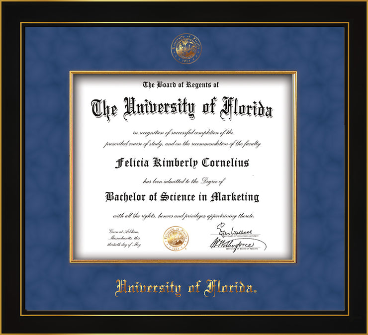 Image of University of Florida Diploma Frame - Honors Black Satin - w/Embossed UF Seal & Name - Fillet - Royal Blue Suede mat