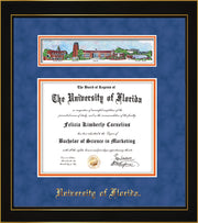 Image of University of Florida Diploma Frame - Honors Black Satin - w/UF Embossed School Name Only - Campus Collage - Royal Blue Suede on Orange mat