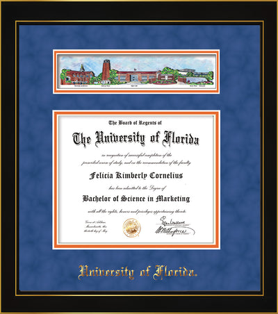 Image of University of Florida Diploma Frame - Honors Black Satin - w/UF Embossed School Name Only - Campus Collage - Royal Blue Suede on Orange mat