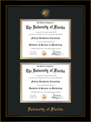 Image of University of Florida Diploma Frame - Honors Black Satin - w/UF Embossed Seal & Name - Double Diploma - Black on Gold mat