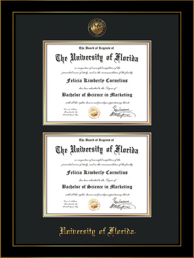 Image of University of Florida Diploma Frame - Honors Black Satin - w/UF Embossed Seal & Name - Double Diploma - Black on Gold mat