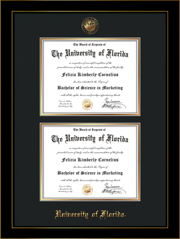 Image of University of Florida Diploma Frame - Honors Black Satin - w/UF Embossed Seal & Name - Double Diploma - Black on Gold mat