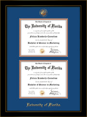 Image of University of Florida Diploma Frame - Honors Black Satin - w/UF Embossed Seal & Name - Double Diploma - Royal Blue on Orange mat