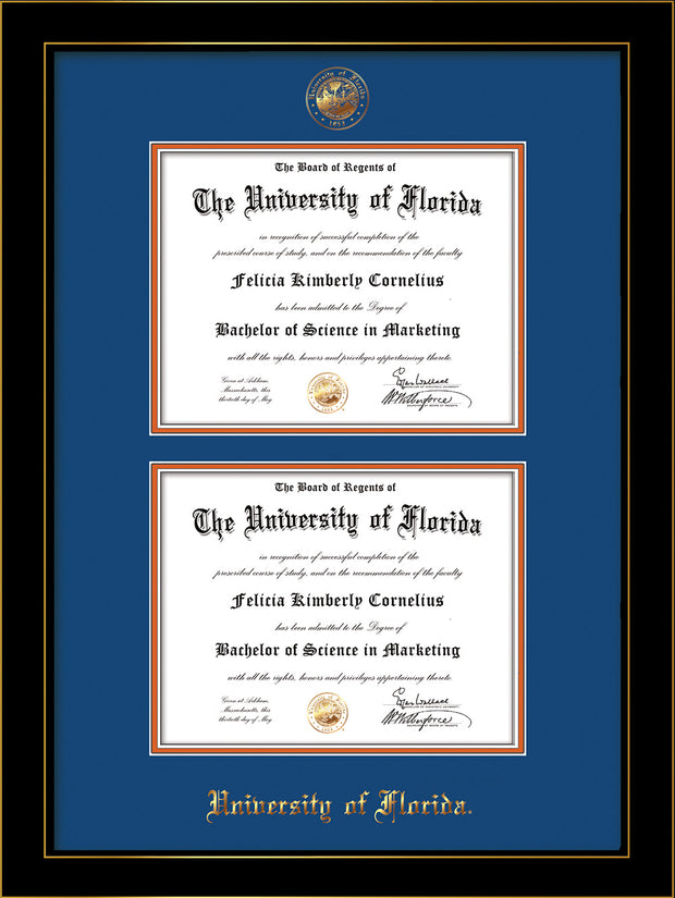 Image of University of Florida Diploma Frame - Honors Black Satin - w/UF Embossed Seal & Name - Double Diploma - Royal Blue on Orange mat