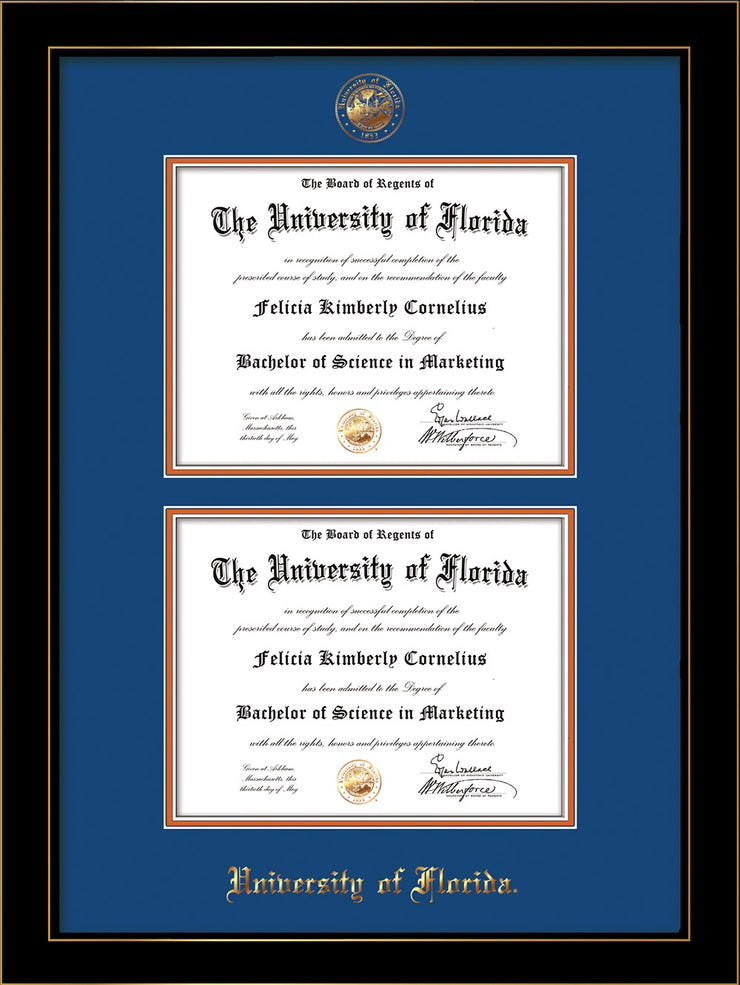Image of University of Florida Diploma Frame - Honors Black Satin - w/UF Embossed Seal & Name - Double Diploma - Royal Blue on Orange mat