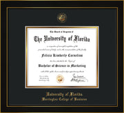 Image of University of Florida Diploma Frame - Honors Black Satin - w/UF Embossed Seal & College of Business Name - Black on Gold mat