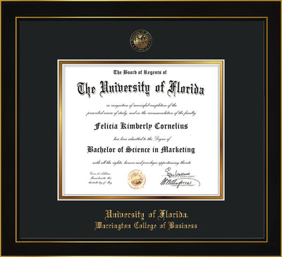 Image of University of Florida Diploma Frame - Honors Black Satin - w/UF Embossed Seal & College of Business Name - Black on Gold mat