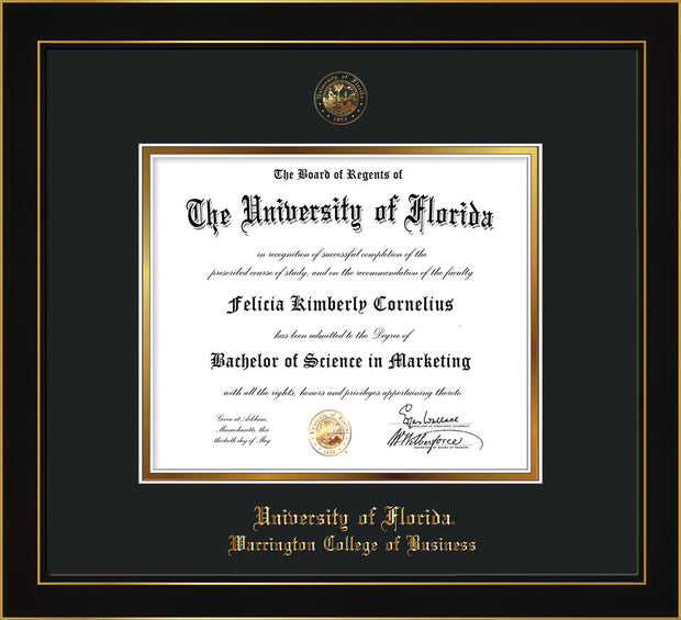 Image of University of Florida Diploma Frame - Honors Black Satin - w/UF Embossed Seal & College of Business Name - Black on Gold mat