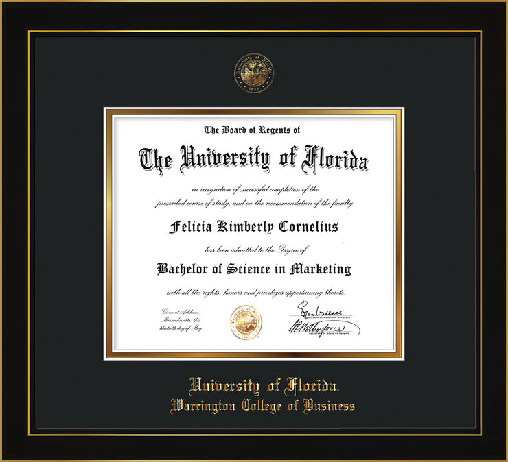 Image of University of Florida Diploma Frame - Honors Black Satin - w/UF Embossed Seal & College of Business Name - Black on Gold mat